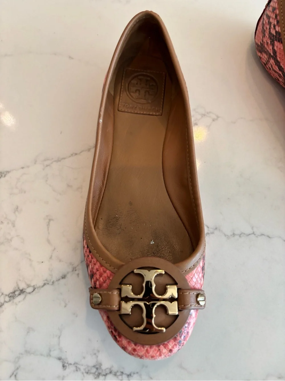 Tory Burch Pink Snakeskin-Print Leather Logo Ballet Flats with Tan Trim CT